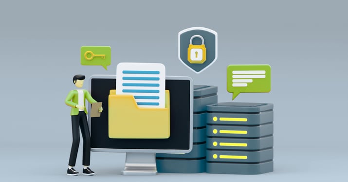 A graphic of a person holding a clipboard reviewing documents next to a computer and servers