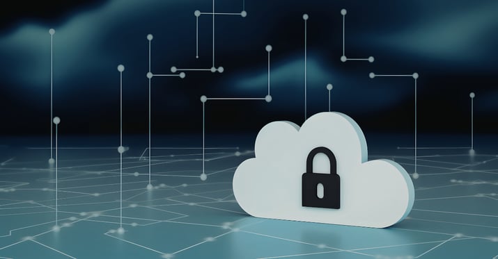 a graphic of a digital image of a cloud with a black padlock in the middle of the cloud on a digital looking background