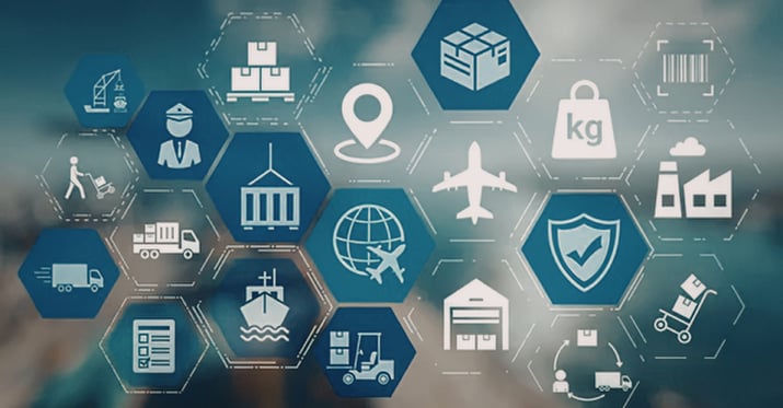 Graphics depicting travel of a supply chain like boats and planes all connected.